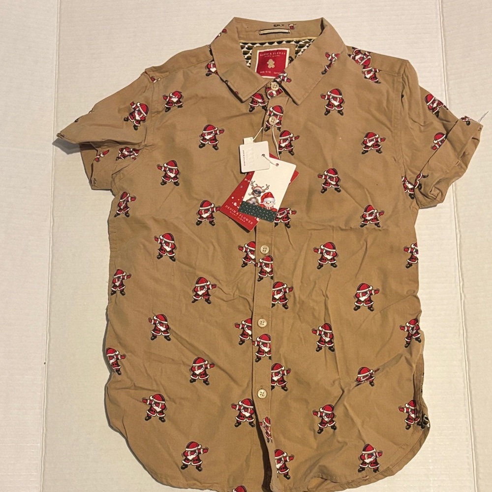 Festive Tan Button-Down Shirt with dancing Santa Print